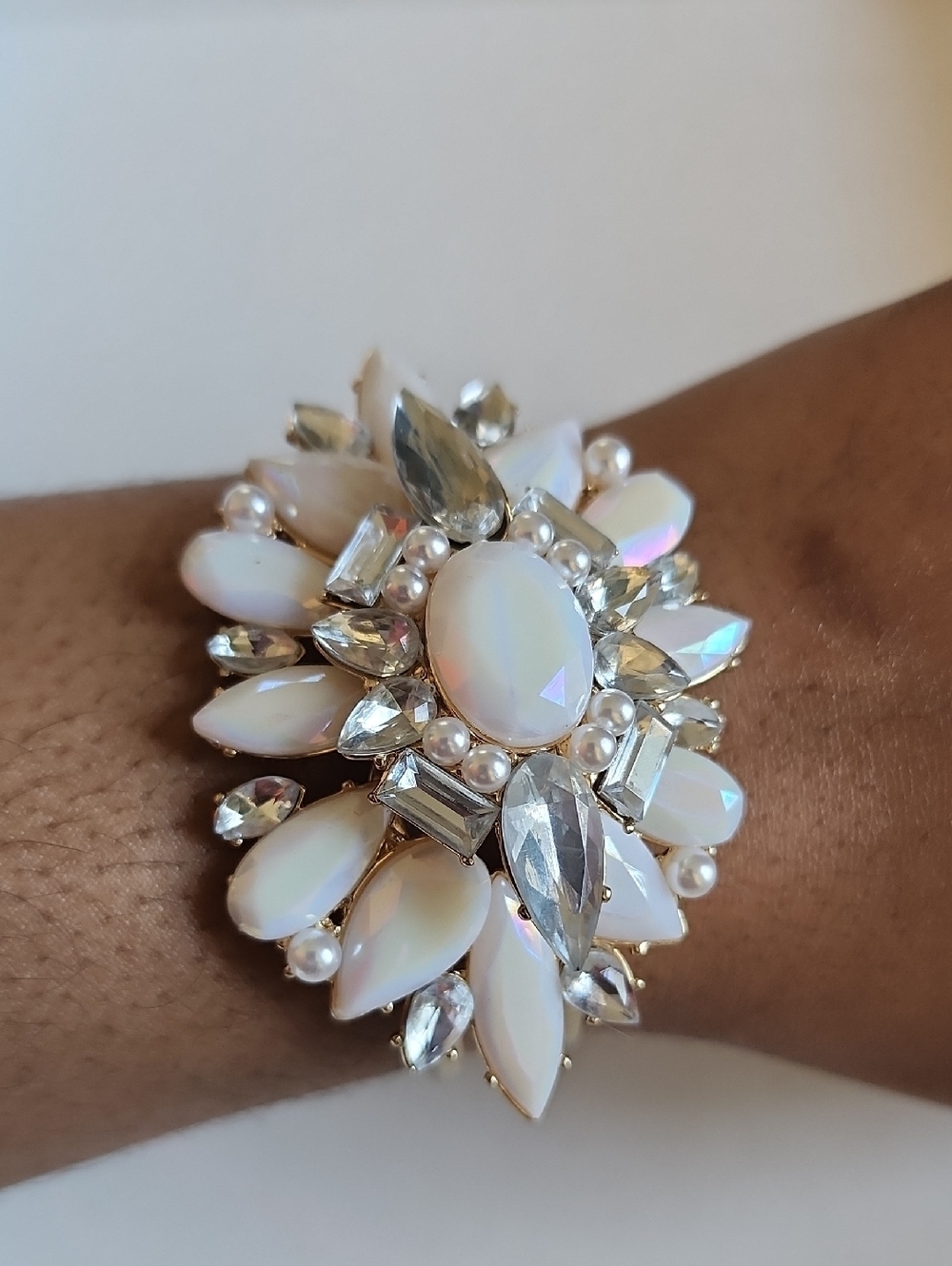 White Opal Crystal Statement Bracelet Gold Tone OS